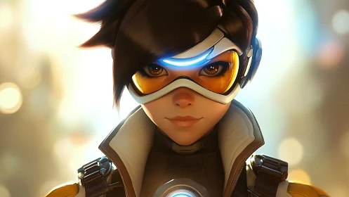 Futuristic female hero portrait with glowing visor and suit.