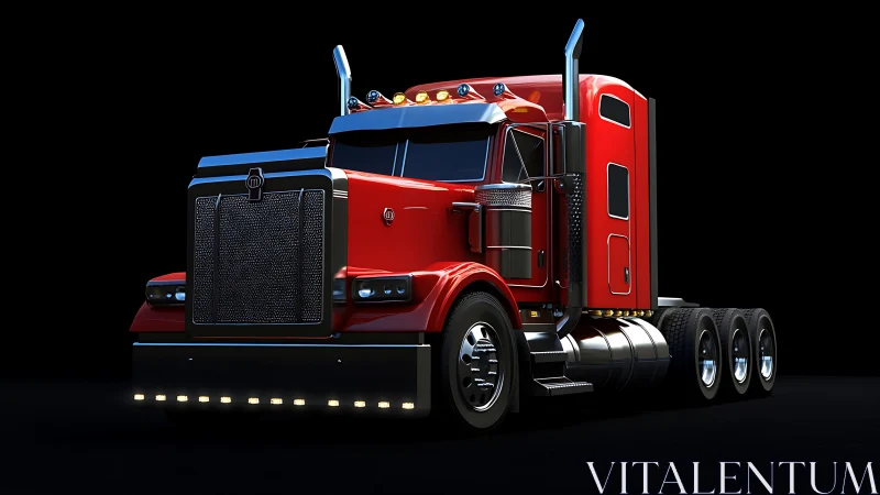 Red semi truck shines under dramatic studio rim lighting.