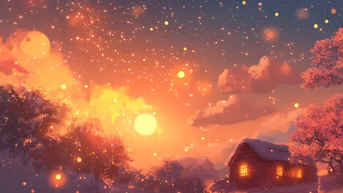 Luminous winter cabin beneath particulate ember skyfield.
