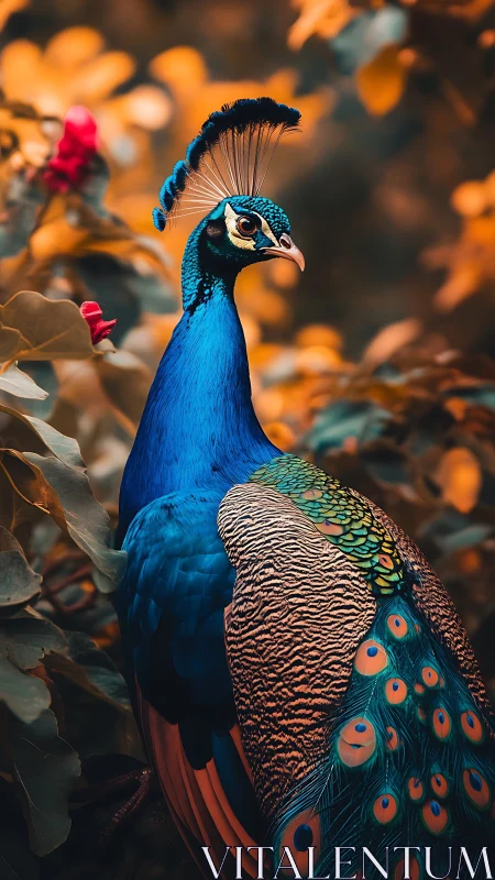 Peacock stands in sharp profile against blurred warm foliage.
