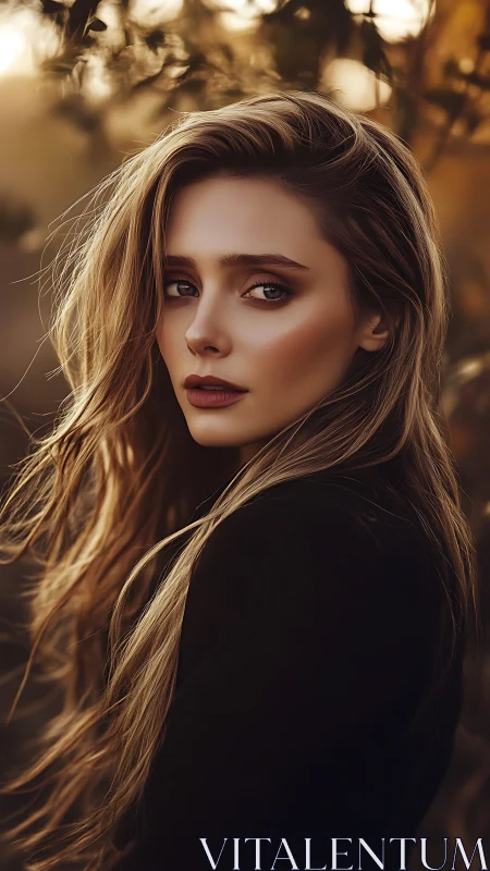 Golden hour portrait of a thoughtful young woman outdoors.