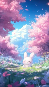 Gentle bunny enjoys a sunny day under pink blossom trees