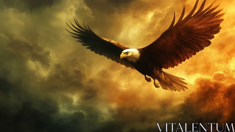 Majestic Bald Eagle Soaring Over Dramatic Fiery Sky in Digital Art.