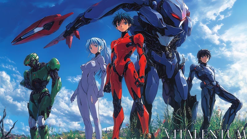 Mecha pilots stand amid wildfield under vivid azure sky.