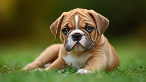 Velvet-eyed bulldog pup lounging on sunlit garden grass.