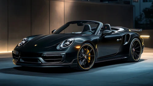 Photorealistic black supercar roadster in cinematic night lighting.