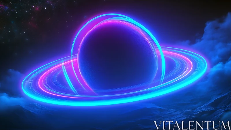 Neon ringed planet drifting through a dreamy cosmic tide.