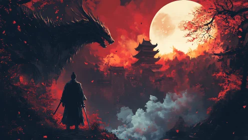 Lone samurai confronts spectral wolf under blood-red moon