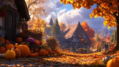 Golden autumn cottage glows with pumpkins and crisp leaves