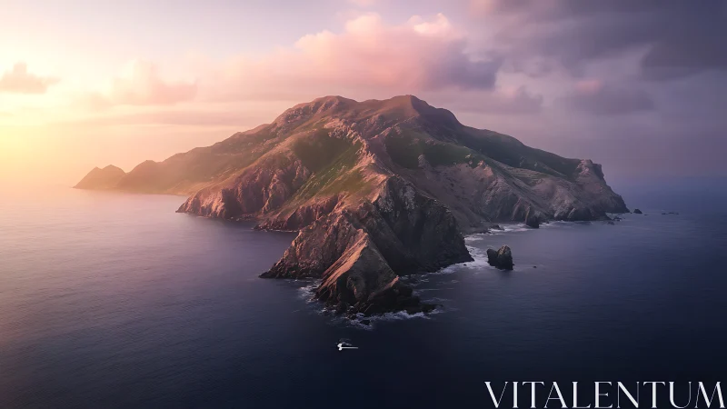 Island Mountain Rising from Ocean at Sunset.