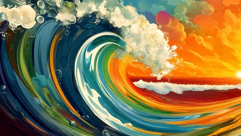 Majestic chromatic wave cresting under molten sunset sky.