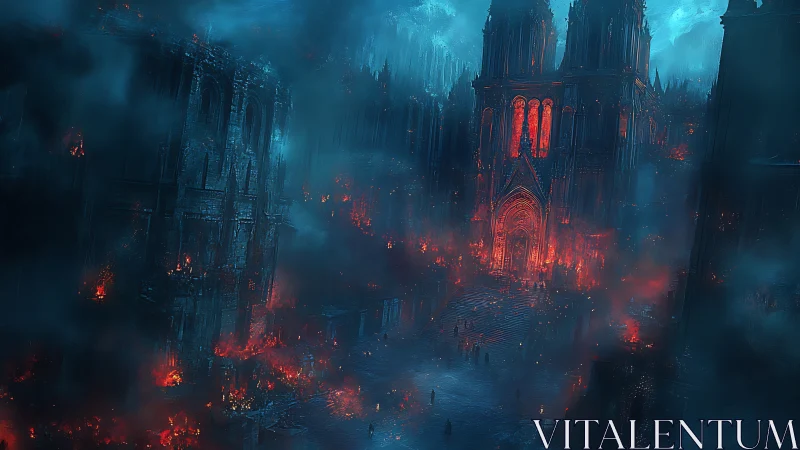 Gothic cathedral fortress engulfed in infernal cerulean fog.
