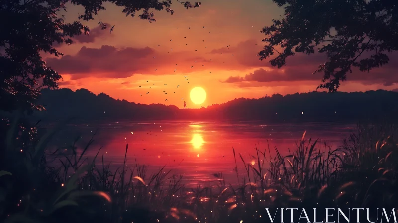 Sun sets over calm forest lake framed by silhouetted trees