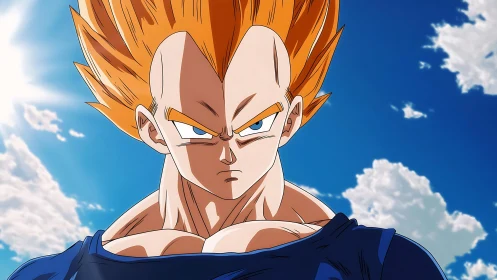 Spiky haired anime warrior stares forward under blue sky