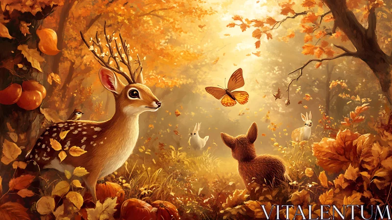 Gentle autumn deer and woodland friends in golden light.