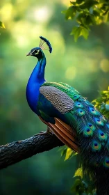 Iridescent peacock on branch with bokeh forest background