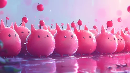 Pink spherical creatures with ears aligned on reflective surface.