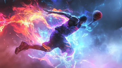 Dynamic basketball dunk surrounded by blazing neon energy.