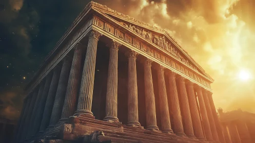 Classical stone temple with columns under dramatic sky.