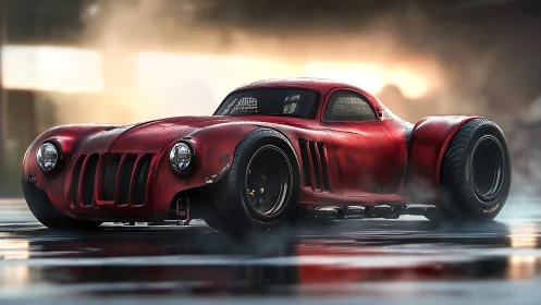 Custom red retro supercar prowls through misty neon streets