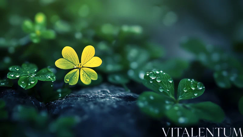 Yellow four-petaled flower is centered amid clover leaves