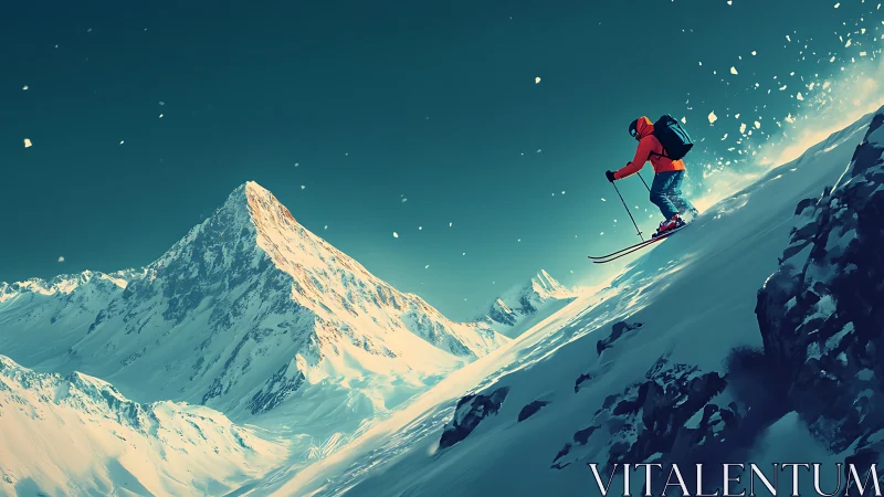 Skier descends steep snowy mountain slope under clear sky