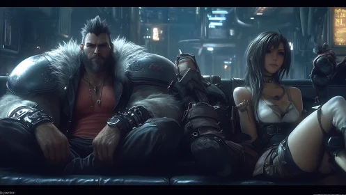 Cyberpunk mercenaries resting on neon lit city sofa.