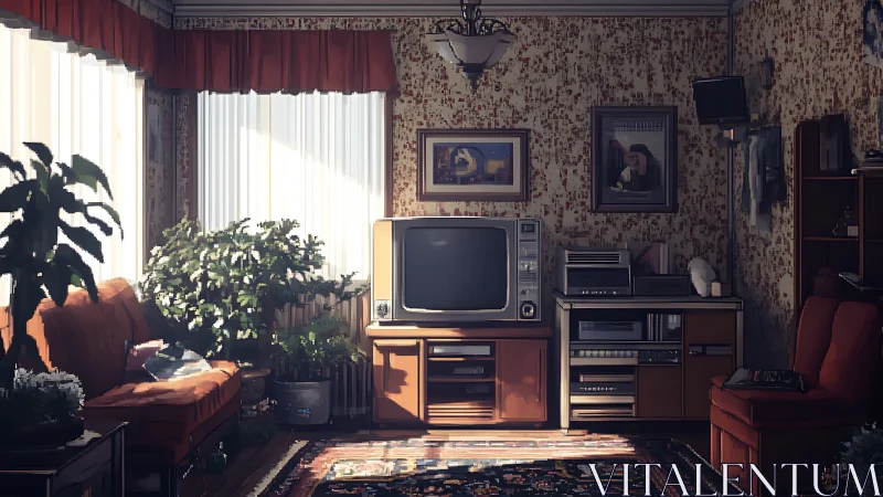 Vintage living room interior with retro television and decor.