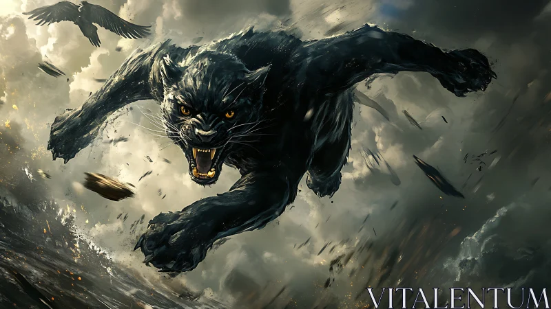 Storm-borne black panther leaping through roaring skies.