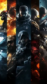 Futuristic armored soldiers in segmented fiery panels.