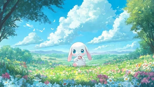 Gentle bunny rests in a sunlit meadow of bright wildflowers