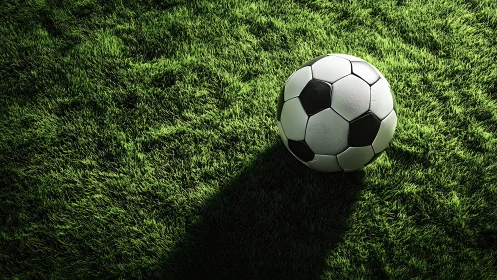 Sunlit soccer ball resting on fresh green field turf.