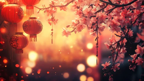Lantern-lit cherry blossoms drift through molten evening glow.