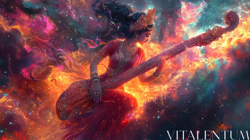 Celestial musician strumming starlit melodies in firebright skies.