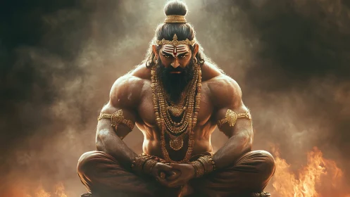 Seated muscular figure in ornate jewelry holds meditative posture