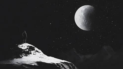 Solitary dreamer stands beneath a colossal winter moon.