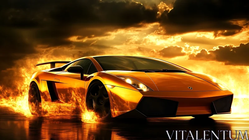 Golden Lamborghini Engulfed in Flames Against Dramatic Sky.