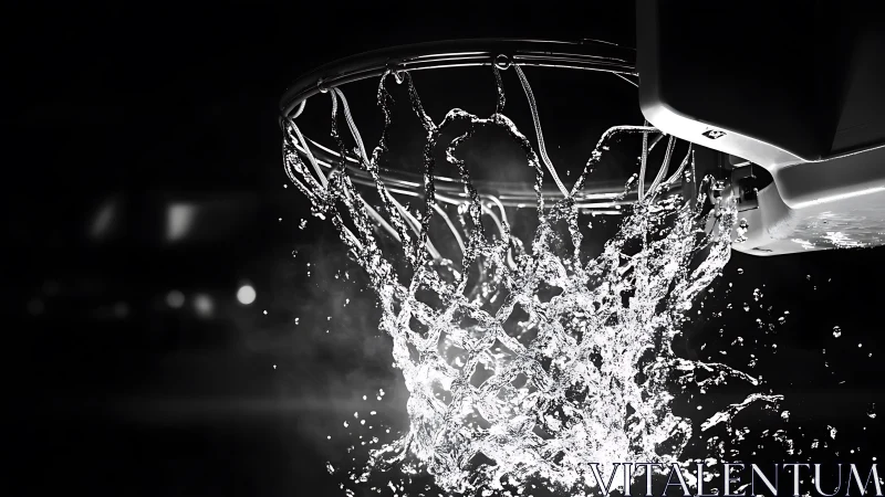 Water splashes outward beneath a lit basketball hoop rim