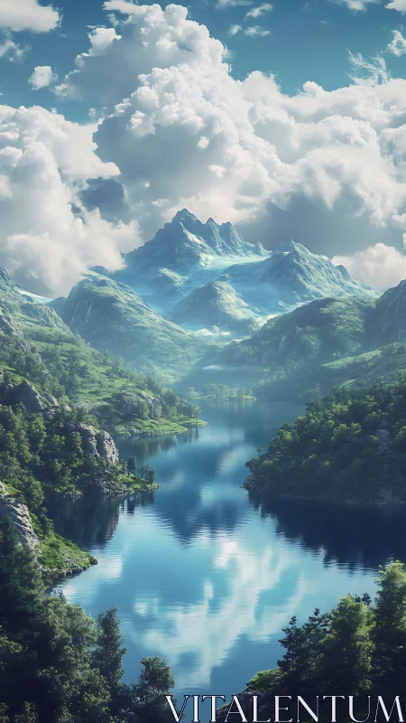 Vertical digital landscape shows mountains, lake and clouds