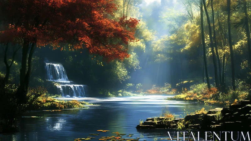 Sunlit forest river with red maple and tiered waterfall.