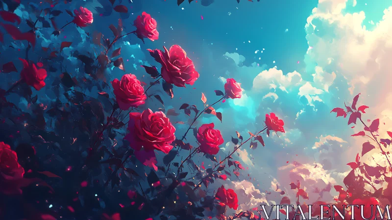 Red Roses Against Luminous Turquoise Sky.