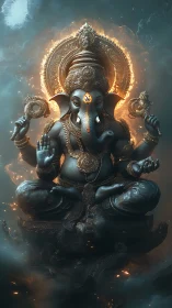 Ganesh statue in glowing halo with detailed ornaments.