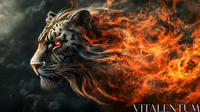 Digital painting of flaming tiger profile with dynamic motion blur.