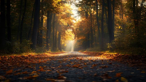 Golden Path Through Autumn Woods.