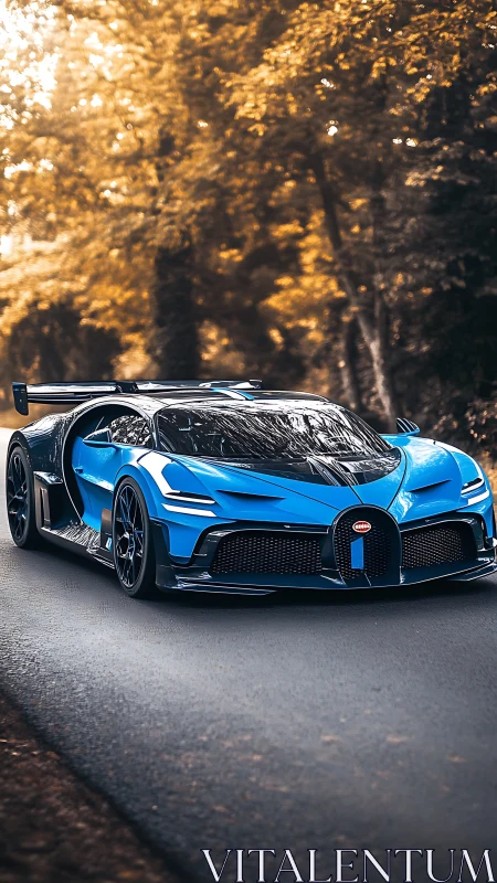 Electric-blue hypercar prowls through autumn-tinted forest