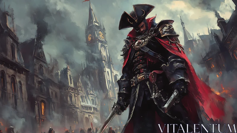 Armored warrior stands in burning city street amid smoke