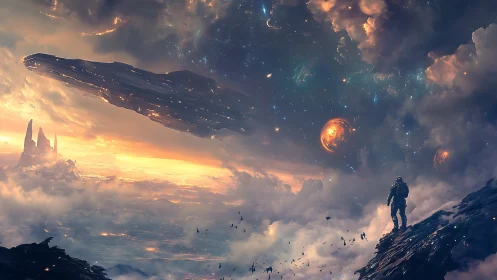 Stellar explorer surveys colossal starship in burning nebula.