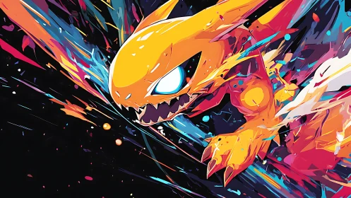 Fiery digital dragon leaping through neon cosmic streaks.