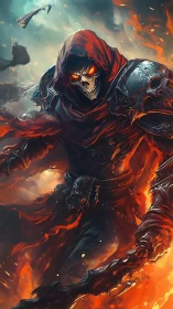 Fiery cloaked reaper strides through swirling inferno.