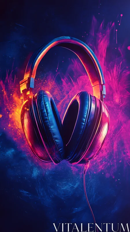 Neon headphones glow against vibrant abstract paint blast